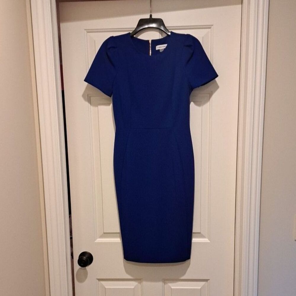New Calvin Klein Women Scuba Tulip Sleeve Sheath Dress Blue Size 4